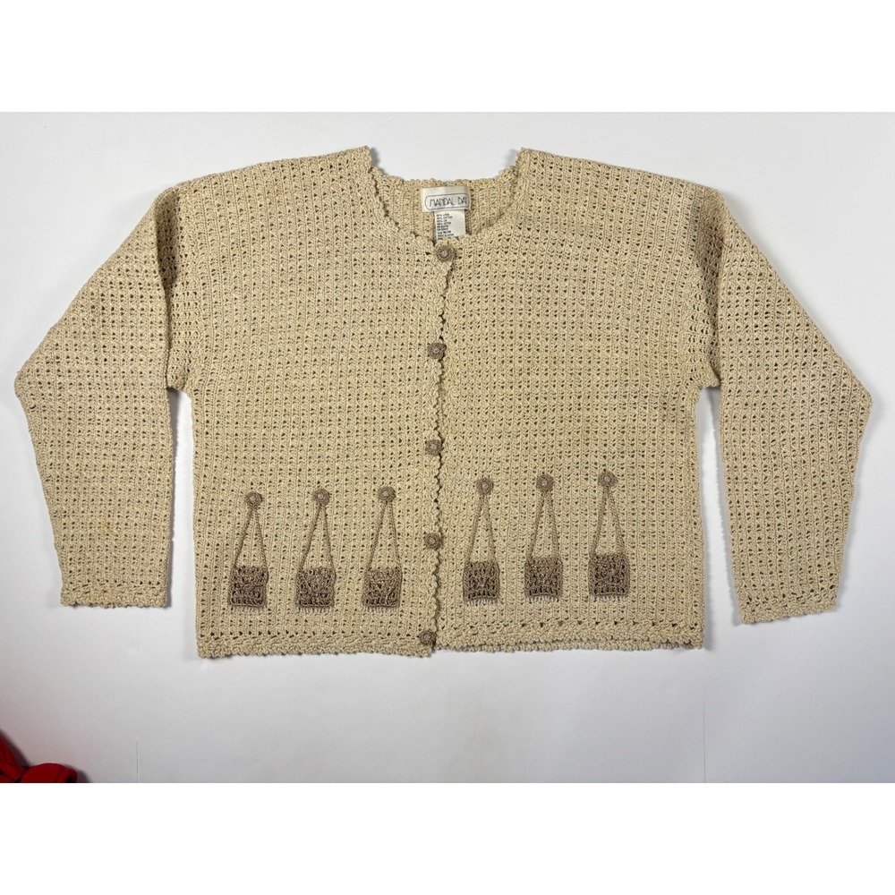 Mandal Bay Linen Crochet Cardigan Cottagecore Purse Appliqué Boho Grandma Chic M